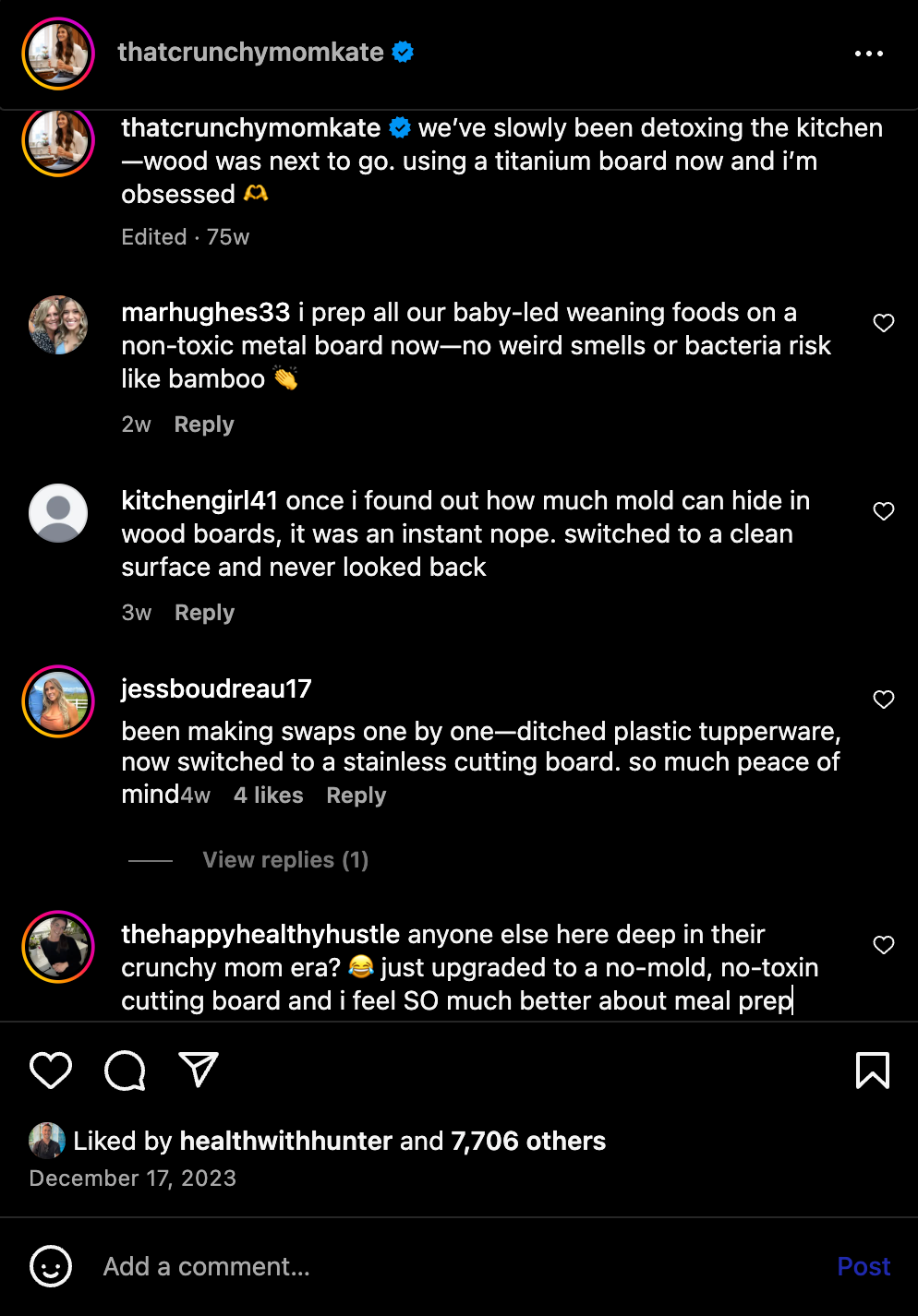 Social media post with user comments on a kitchen detox journey using different boards.
