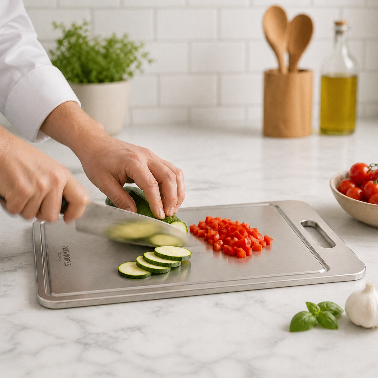 Person slicing cucumbers on a titanium cutting cutting board with vegetables in the background.