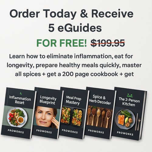 Promotional graphic for eGuides on inflammation, longevity, meal prep, spices, and a cookbook with ProWorks branding.