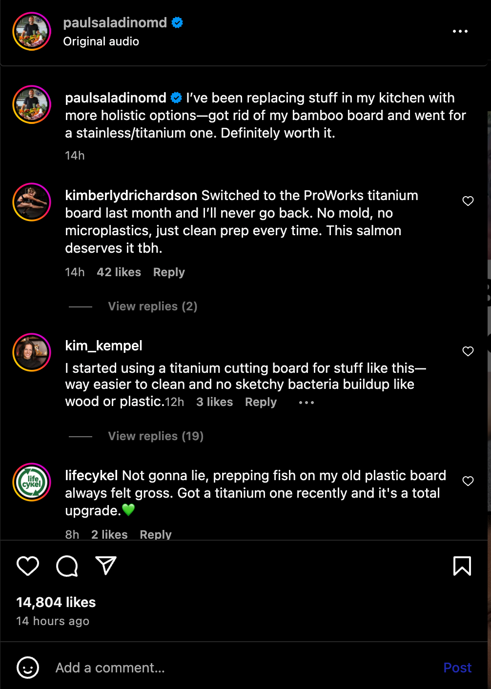 Social media post with user comments about switching to ProWorks titanium cutting boards.