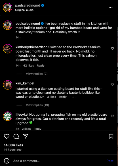 Social media post with user comments about switching to ProWorks titanium cutting boards.