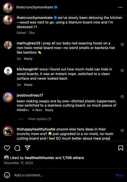 Social media post with user comments on a kitchen detox journey using different boards.
