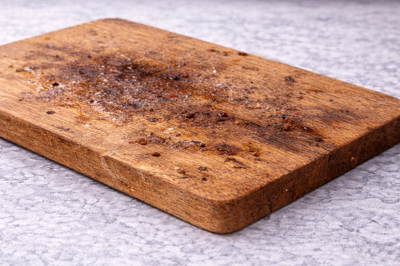 Worn wooden cutting board on a gray surface