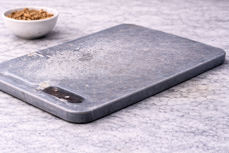 Gray cutting board on a light gray surface with a bowl of dog food in the background.