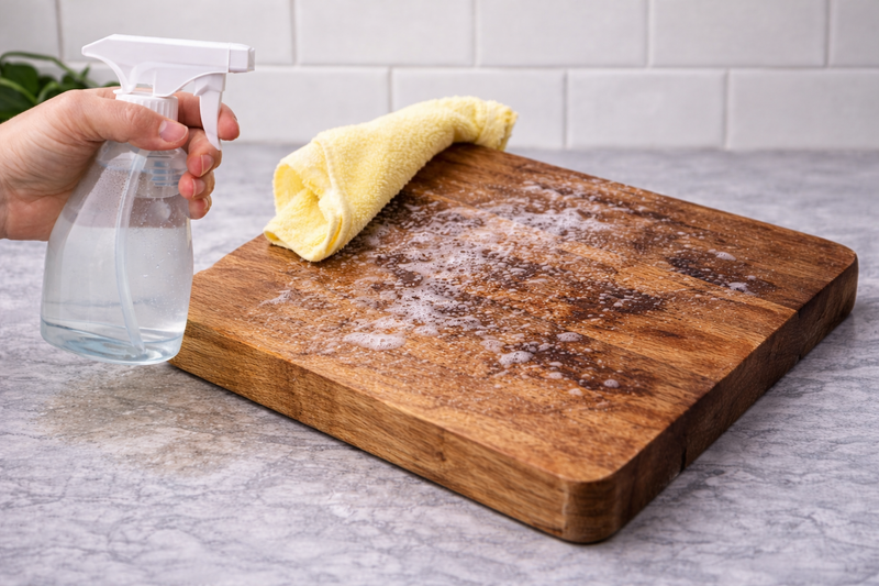 Person cleaning a wooden cutting board with a spray bottle and cloth on a kitchen counter.