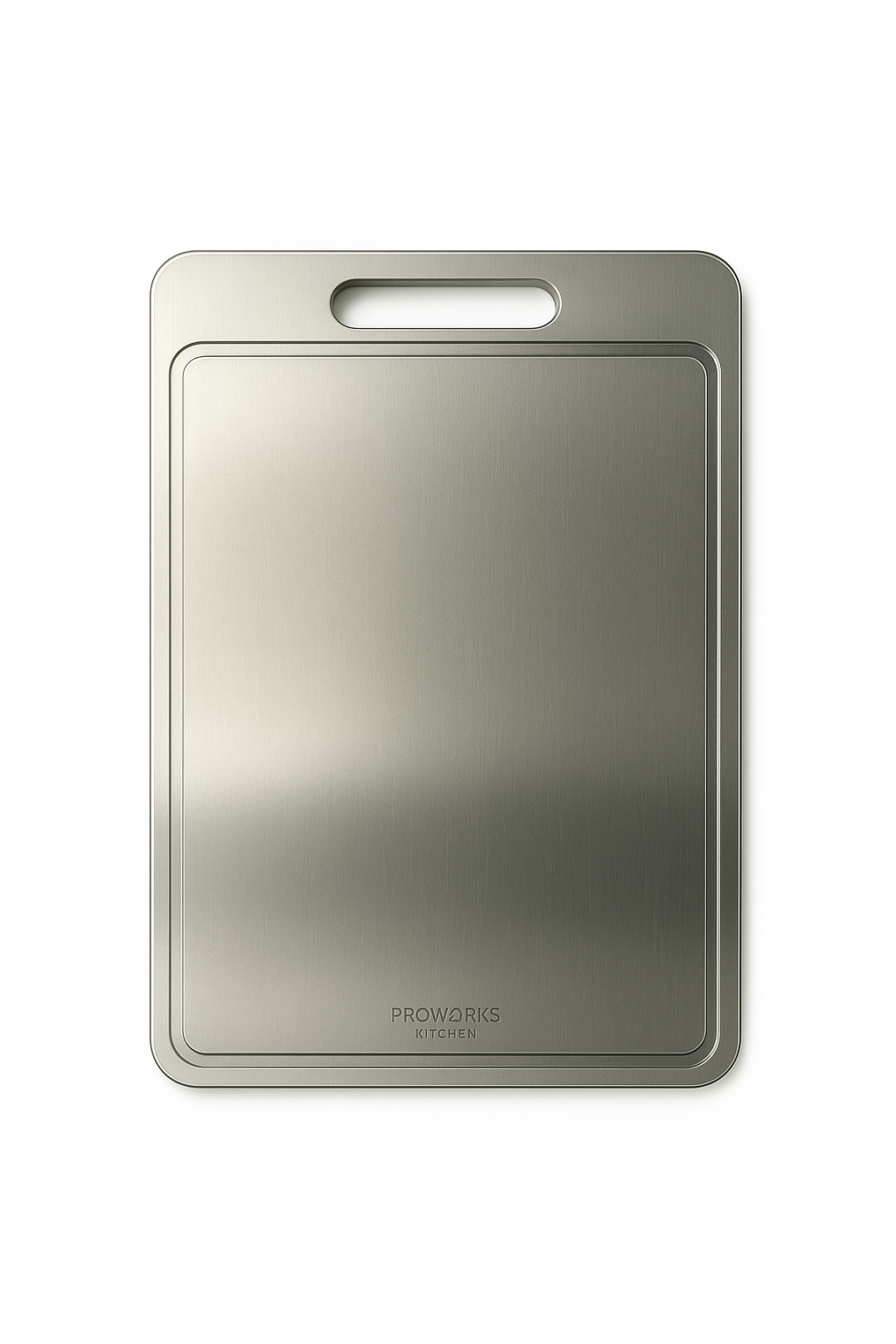 Titanium cutting board with handle on a white background