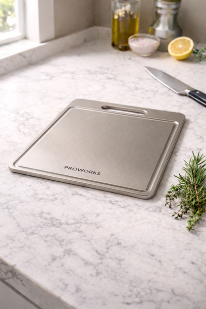 ProWorks cutting board on a marble countertop with a knife and lemon in the background.