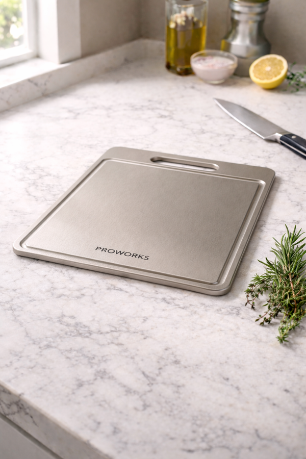 ProWorks cutting board on a marble countertop with a knife and lemon in the background.