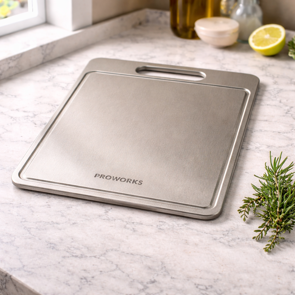 Stainless steel cutting board with 'Proworks' branding on a marble countertop.