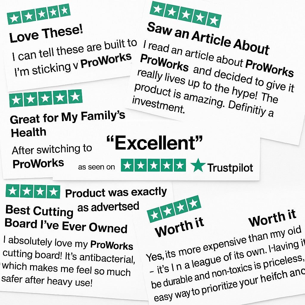 Reviews of ProWorks products with star ratings and text on a white background
