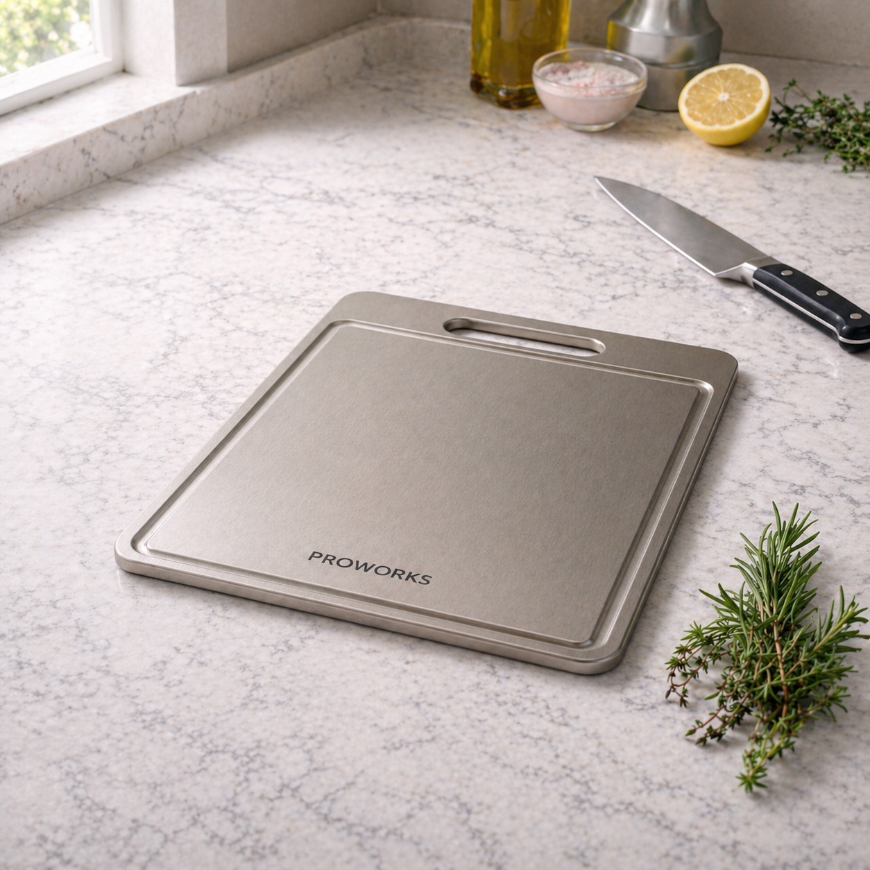 ProWorks cutting board on a kitchen counter with a knife and ingredients